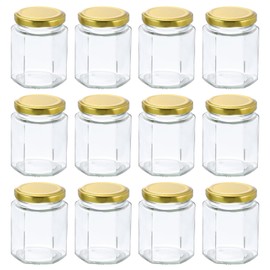 HARFINGTON 12pcs Hexagon Glass Honey Jars 6.1oz Small Mini Honey Jar Container with Gold Lids for Wedding Party Favors Bridal Shower