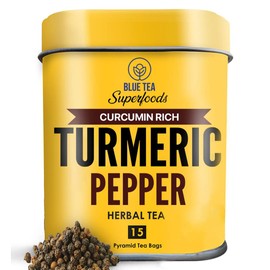 BLUE TEA - Turmeric Tea - Pepper - 15 Count - Pyramid Plant Based Tea Bag | CURCUMIN RICH - HERBAL BLEND | Caffeine Free - Gluten Free - Herbal Tea - Earthy Flavor - Healthy | Tin Pack