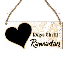Days Until Ramadan Countdown Plaque - Decorative Wooden Hanging Sign | Ramadan Countdown Calendar, Islamic Home Decor, Chalkboard Heart Countdown Sign (White & Gold, With Pen)