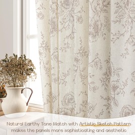 Coffee Floral Curtains 120 inch Length Back Tab Farmhouser Living Room Light Filtering Curtains Coffee Pattern Print on Cream White Linen Curtain Minimalist Aesthetic Sketch Style Vintage Room Decor