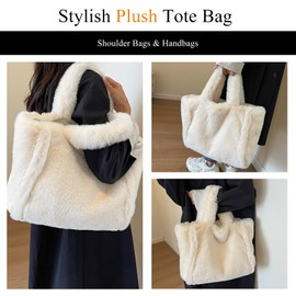 Extolove Fluffy Tote Bag for Women, Large Fuzzy Tote Handbag Faux Fur Bag Furry Purse (Beige)