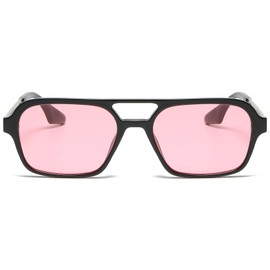 RUNHUIS Vintage Classic 70s Square Sunglasses for Men Women Trendy Retro Slim Rectangle Glasses (Black-Silver/Pink)