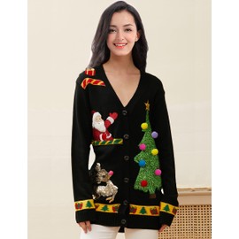 v28 Ugly Christmas Sweater for Women V-Neck Long Sleeve Reindeer Funny Merry Knit Sweaters Cardigan (Small, Cardigan C Black)
