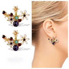 Andelaisi Boho Crystal Flower Jacket Earrings Vintage Cluster Flower Earrings Colorful Flower Stud Earrings Gold Front Back Earrings Vintage Statement Earrings Jewelry for Women