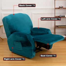 Topchances Recliner Chair Cover 1 Seater - Super Soft Velvet Stretch Recliner Chair Covers Sofa Chair Slipcover with Side Pocket for Single Seat Recliner Chair for Furniture Protector (Blue Green)