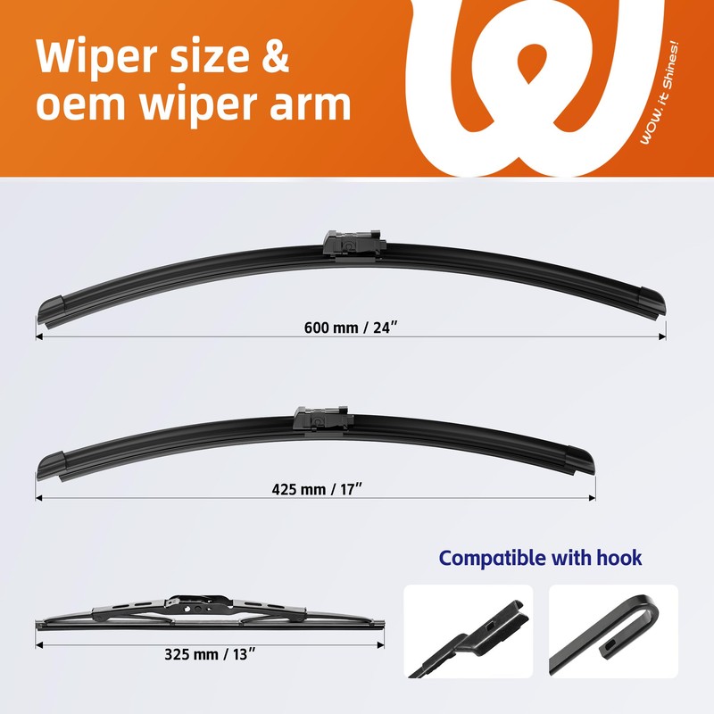 WOWIPER 24"+17" Windshield Wiper Blades with 13" Rear Wiper Replacement