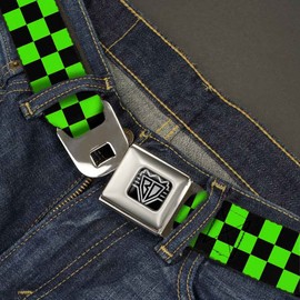 Buckle-Down Seatbelt Belt - Checker Black/Neon Green - 1.5" Wide - 24-38 Inches in Length