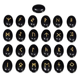 mookaitedecor Black Obsidian Rune Stones Set of 25, Engraved Elder Futhark Alphabet Symbol Cabochon Carved Runes Stones for Divination Wicca Supplies