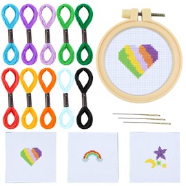 Cross Stitch Beginner Kit for Kids, Cross Stitch Starter Kit Rainbow Cross Stitch Kits Pre Printed Embroidery Kits Sewing Kit with Patterned Cloth, Hoop, Skeins, Needle, Instruction for Children Adult