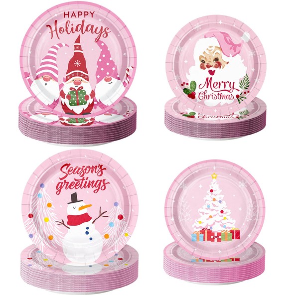 WRAPAHOLIC 100Pcs Christmas Paper Plates - 9" and 7" Pink
