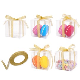 TOPTIME 24 Pcs 7x7x7cm Clear Favour Boxes with Gold Gift Ribbon, Plastic Gift Boxes Mini Candy Cube Boxes, PVC Transparent Cube Boxes for Wedding Party Bridal Shower