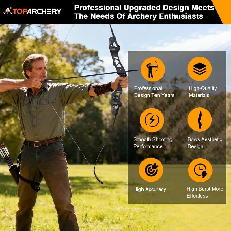 TOPARCHERY 62" Black Hunter Recurve Bow, ILF Interface Shock Absorption
