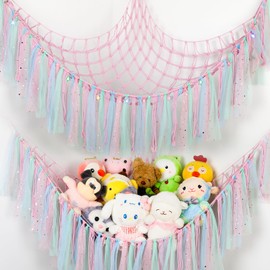 Stuffed Animal Hammock with LED Lights - 59 Inch Large Toy Storage Net for Kids Bedroom, Wall-Mounted Plush Organizer with Wooden Rings, Nursery Decor (Handwoven, Pink)
