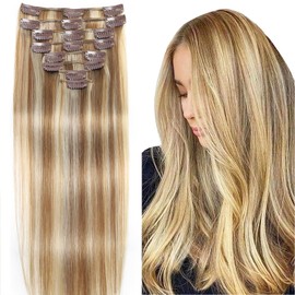 Light Blonde Highlighted Golden Blonde Clip in Hair Extensions Real Human Hair Clip ins Remy Invisible Natural Straight Seamless Clip on Hair Extensions 8pcs Double Weft 16 Inch 70g