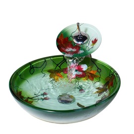 MEKKHALA Green Glass Vessel Sink With Faucet and Drain 17 inch Round Tempered Glass Bathroom Basin Lotus Sinks Top Mount Sink Bowl For Vanities