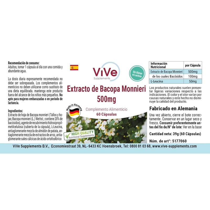 Bacopa Monnieri Extract, 500 mg, 60 Capsules, Standardised Extract, 20%