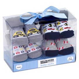 Brubaker 4 Pairs Baby Socks Boys Girls 0-12 Months Fun Sneaker Cars Animals Ruffle Christmas Socks in Gift Box -