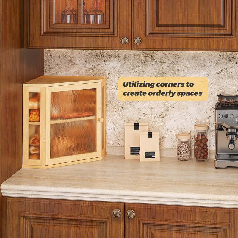 Furshus Corner Bread Box for Kitchen Countertop,Bread Storage for Homemade