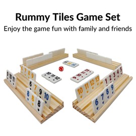 Rummy Cube Game with 4 Wooden Racks, 106 Rummy Tiles Game Set with Travel Case Rummy Cube Travel Set with 4 Tiles Holders for Family Game Night