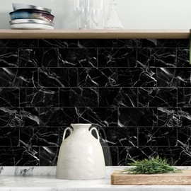 URCOLOR 32-Piece Peel and Stick Backsplash Wall Tile, 4"x 8" PVC Glossy Black Marble Stick on Subway Tiles for Kitchen, Bathroom, Laundry Room, Camper, Fireplace