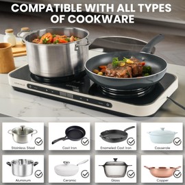 AEWHALE Electric Glass Cooktop 2 Burners with Removable Griddle Pan Non-stick,1800W Electric Hot Plate with Sensor Touch for Adjustable Temperature/Time