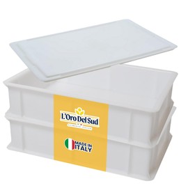 L'Oro Del Sud Home Refrigerator Size, Dough Proofing Box Tray (2 Pack + 1 lid), White Stackable, Commericial Grade, Pizza Proofing Dough Pan with Lid (16 inch x 12 inch x 4 inch), Made in Italy