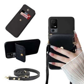 Tuxiwei for Jitterbug smart4 Case, Jitterbug smart4 Back Wallet Case with Card Holder, PU Leather Case Crossbody Adjustable Detachable Lanyard Hands Free | Kickstand/Stand with Magnetic Closure -Black