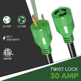 RVGUARD 3 Prong 30 Amp 75 Foot Generator Extension Cord, NEMA L5-30P/L5-30R 125V 10 Gauge SJTW Generator Power Cord with Cord Organizer, ETL Listed