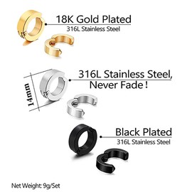 Stainless Steel Mens Womens Clip On Earrings Hoop Huggie Non-Piercing 3 Pairs (3 Pairs(Silver + gold + black))