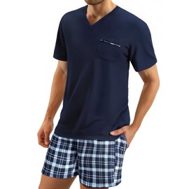 Bresdk Men's Pyjamas Short Cotton Summer Set for Men Sleepwear Checked, Blue01 M216
