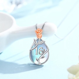 18 Year Old Girl Birthday Gifts/ 10th/11th/12th/13th/15th/16th/21th/ 30th/40th/50th/60th/70th/80th Birthday Gifts for Women Daughter 925 Sterling Silver Moonstone Rose Flower Pendant Necklace for Wife
