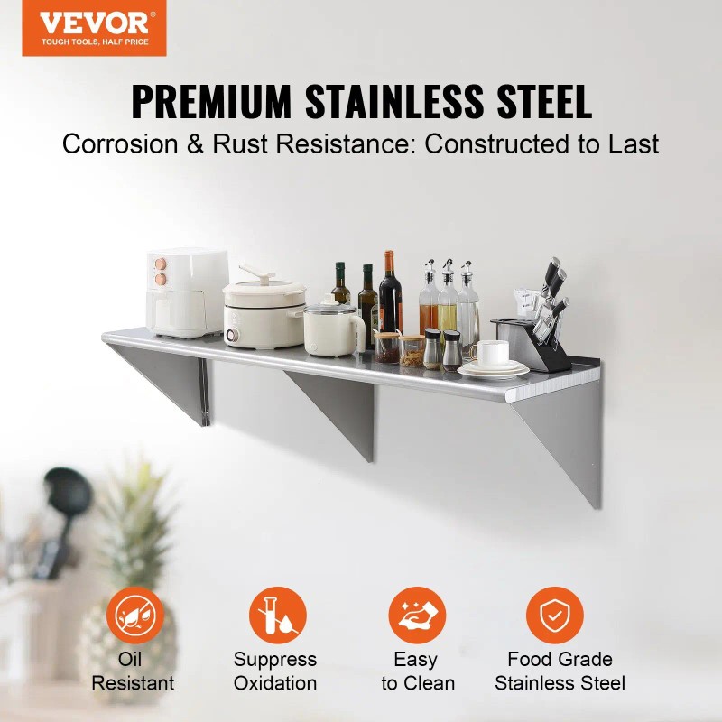 18\" X 72\" Stainless Steel Wall Mounted Floating Shelving Commercial