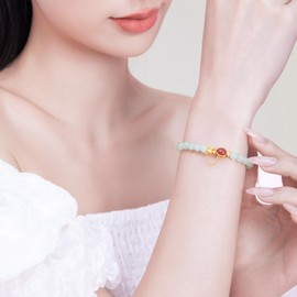 ZHOU LIU FU Women's Charm Bracelet Cute Rabbit Carrot Red Agate Green Gemstone Beaded Stretch Bracelets Round Beads Healing Bracelets for Women