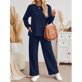 AUTOMET Womens 2 Piece Sweatsuits Outfit Fall Casual Lounge Sets Side Slit Sweatshirt Wide Leg Pants Tracksuit 2025 Fashion Cozy Travel Airport Loungewear with Pockets NBlue M