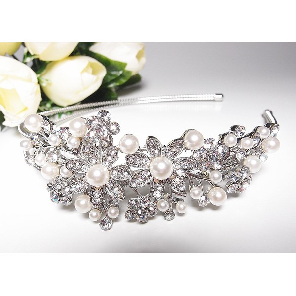 Bridal Wedding Jewelry Crystal Rhinestone Pearl Duo Flowers Headband Silver B82 beautyxyz USA Seller