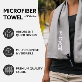 3DActive Toalla de microfibra para gimnasio, deportes y viajes. Ultra absorbente, de secado rápido, ligero, compacto con bolsa de transporte, perfecto para entrenamientos, playa y exteriores (grande (24 x 47 pulgadas), gris)