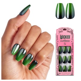 WICKED X imPRESS Press On Nails, ‘Leaders Of Oz’, Green, Medium Coffin, New Improved Adhesive, Up To 10 Day Hold, Includes 30 Fake Nails, 1 Prep Pad, 1 Manicure Stick, 1 Mini File