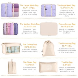 Packing Cubes for Suitcase - GEEDIAR 11 PCS Luggage Organizers Waterproof Travel Essentials Clothes Shoes Storage Bags (Beige)