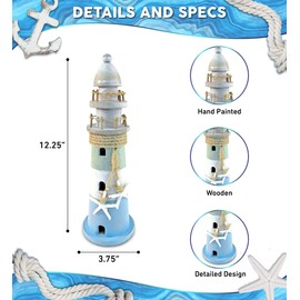 Puzzled COTA Global Ocean Breeze Lighthouse Decor - Handmade and Crafted Wooden Lighthouse Decoration with Starfish, Decorative Beach Style Tabletop Centerpiece - 12.25 Inches