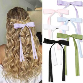 SAWINDA 6PCS Hair Bow Clips for Women Satin Ribbon Hair Bows with Metal Clip Cute Tassel Bowknot Hair Barrette with Long Tail Wedding Prom Hair Pins Hair Accessories for Women and Girls