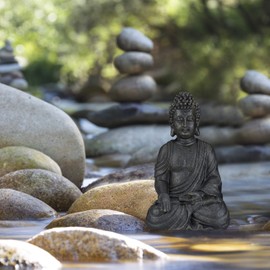 Relaxdays Sitting Buddha Figurine, 18 cm, Decorative Ornament for Living Room and Bathroom, Moisture-Resistant, Dark Grey