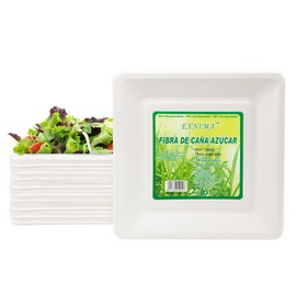 EXNIMA, Pack of 30, 50, 60 or 100, Biodegradable Squares Disposable Sugarcane Plates, Disposable Tableware, 100% Natural Ecological, Event, Party, BBQ, Birthday and Crafts