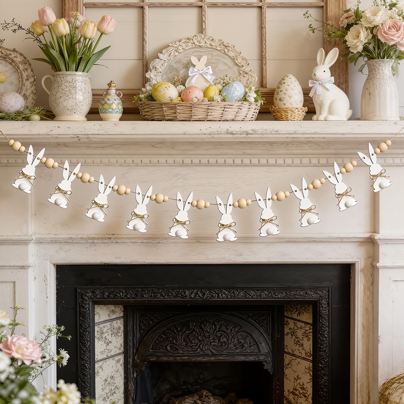 6.5ft Cute Easter Bunny Garland with Wood Beads, Farmhouse Easter