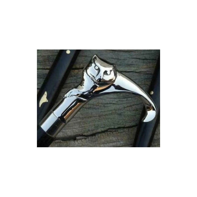 Antique brass antique silver cat head handle black inlay wooden