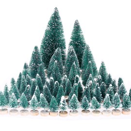 MELLIEX 60 PCS Miniature Artificial Christmas Tree Tabletop Snow Frosted Trees with Wood Base for Christmas Party Home Decoration