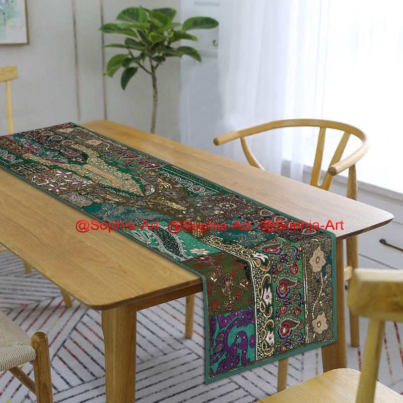 Ethnic Cotton Decorative Indian Dinning Art Table Patchwork Beads Embroidered