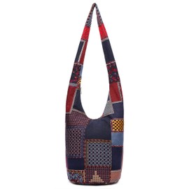 Women Shoulder Handbags Fashion canvas Hippie Crossbody Bags Bohemian Animal Prints Hobo Bags (Blue-Red)