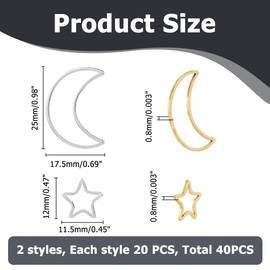 Hobbspring 40Pcs Star and Moon Linking Rings Stainless Steel Hollow Frame Link Connector Charms Golden Silver Five-Pointed Star Open Bezels Moon Jewelry Frames For Craft Kits Making DIY