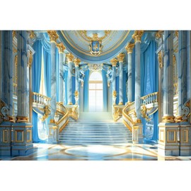 Laeacco 15x10ft Blue Gold Palace Interior Backdrop Sky Blue and Golden Staircase Columns Luxurious Castle Hall Photography Background for Birthday Wedding Bridal Baby Shower Party Photo Booth Props
