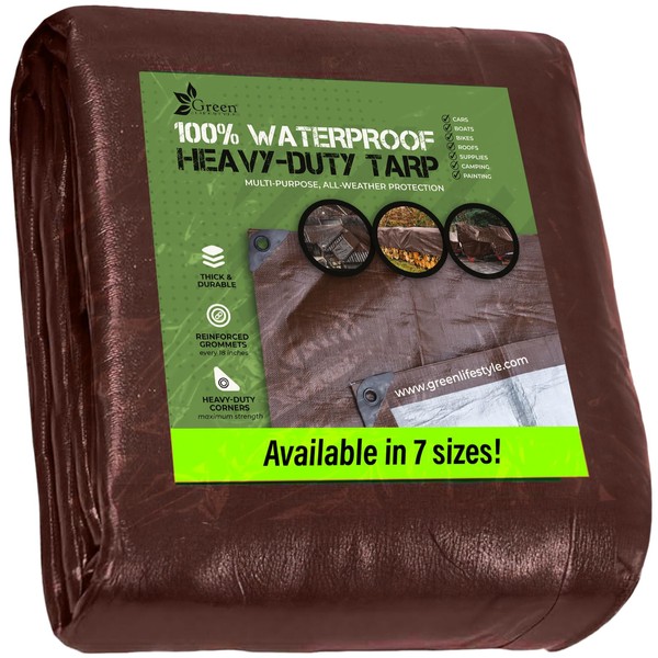 Tarp Cover Brown/Silver Heavy Duty Thick Material Water Proof Tear Proof UV Resistant Reinforced Edges Boat Tent RV or Pool Cover 6x8